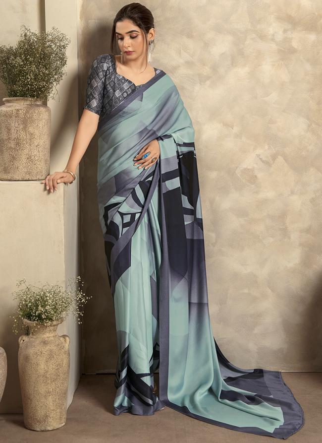 Sattin Crape Sky Blue Wedding Wear Digital Printed Saree